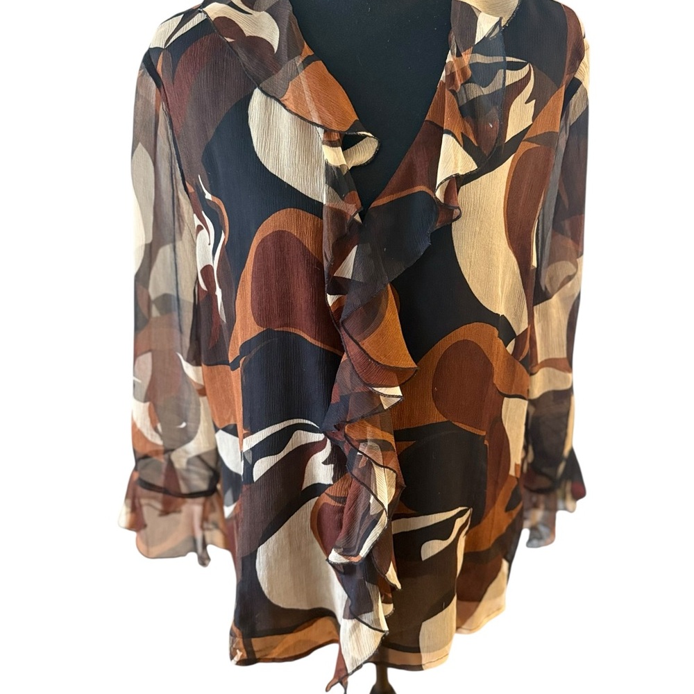 Missoni Sheer Lined Brown Black Geometric Silk Blouse Size XL Designer Vintage